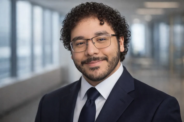 Man in suit and glasses smiles in an office hallway.